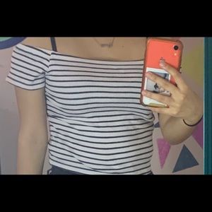 Cropped stripped off the shoulder top